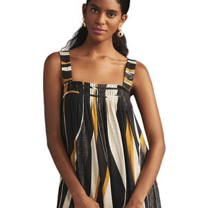 NWT By Anthropologie Square-Neck Waistless Midi Dress Black Motif Size L